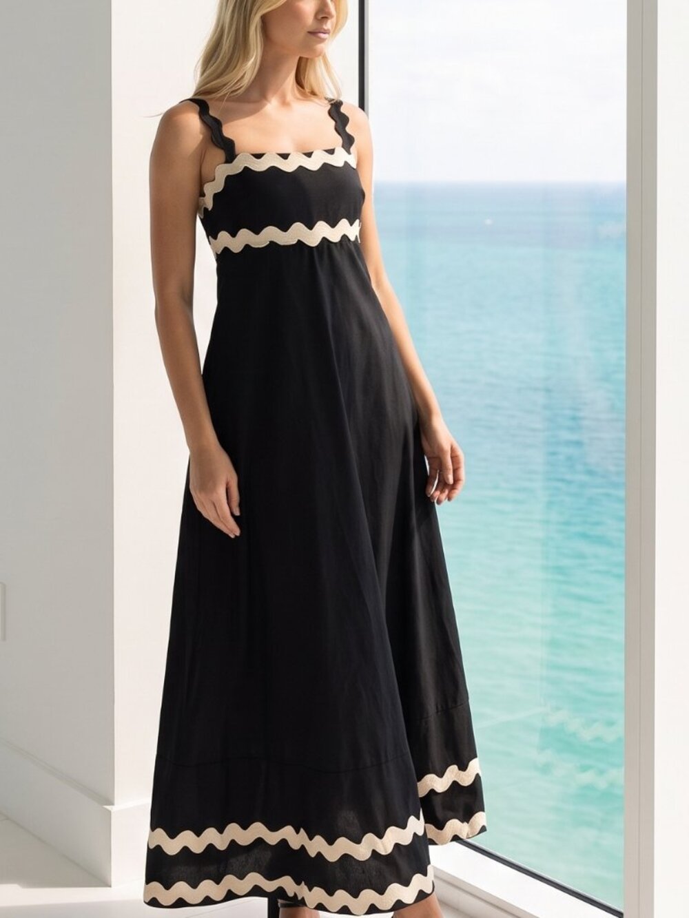 NWT REVOLVE Australia Showpo Wenalyn black maxi dress creme zig zag trim US 10